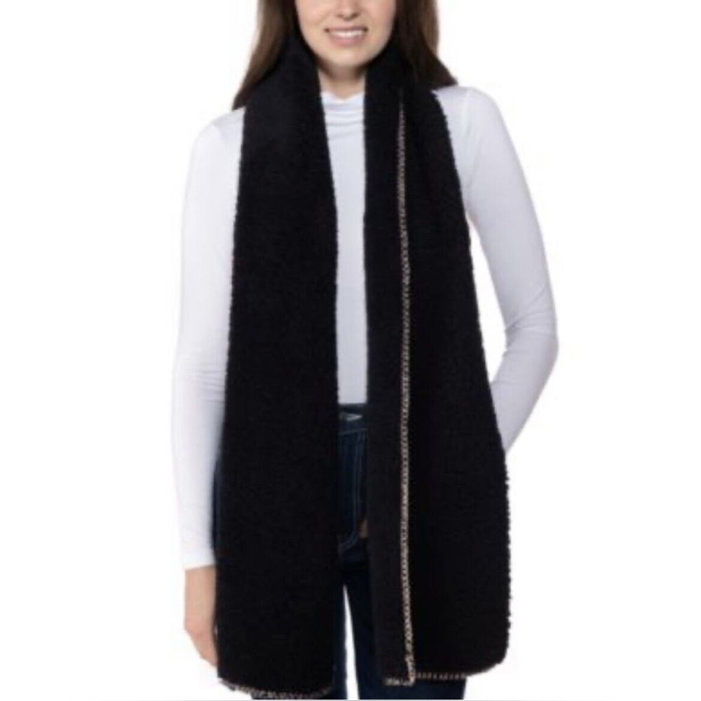 Jenni Solid Sherpa Super Soft Rectangular Scarf Black with Pink Stitching    NWT
